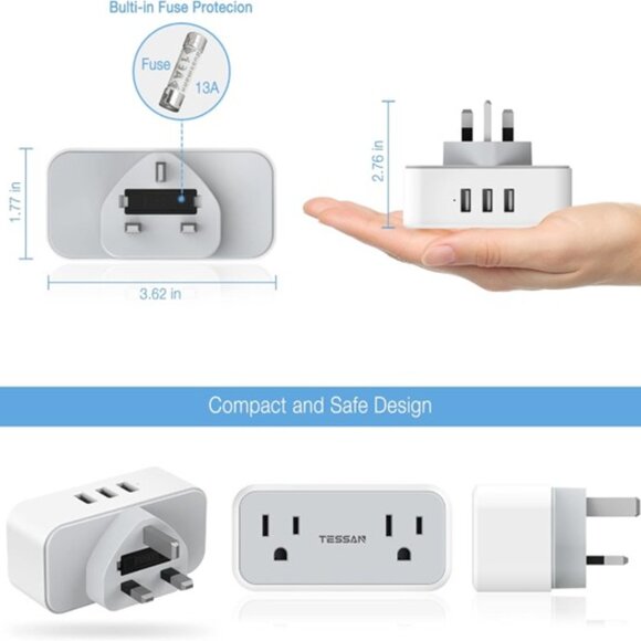 TESSAN US to UK Plug Adapter, Type G Power Adapter with 2 Outlet 3 USB Charger - Picture 8 of 9